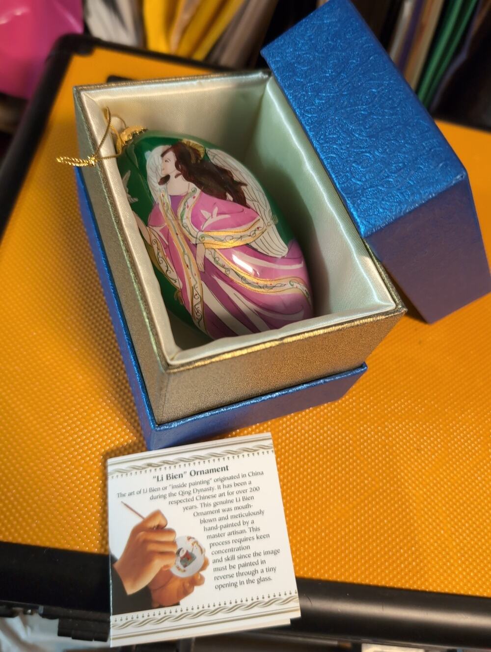 ORNAMENT 2014 Hand Painted "Li Bien" Glass -Angel & Doves Green Pink In Box
